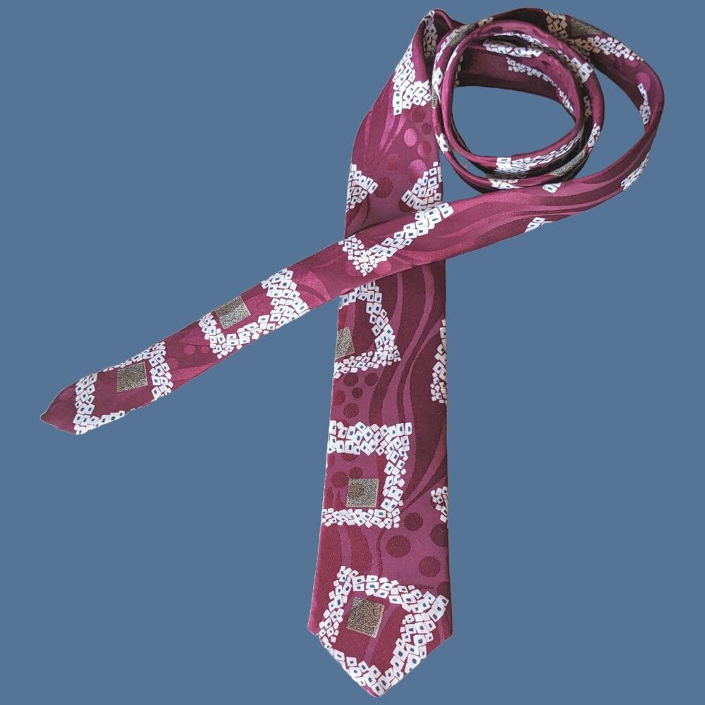 Vintage 1980s Retro Burgundy Geometric Skinny Tie by Bugle Boy